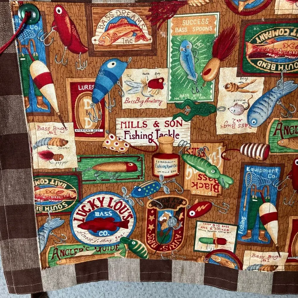 Vintage Handmade Fishing Tackle Apron Brown Gingham Check Retro Pocket Grilling‎